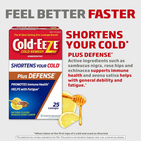 Cold-Eeze Plus Defense Natural Manuka Honey Lemon Zinc Lozenges, 25 Ct. Homeopathic Remedy