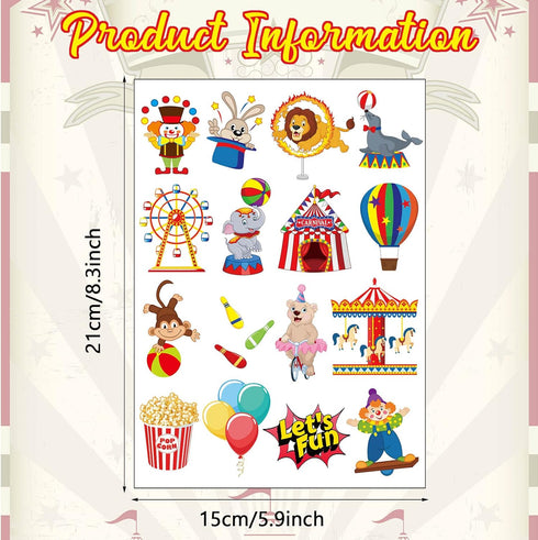 Maitys 288 Pcs Carnival Circus Tattoos for Kids, 48 Styles Temporary Tattoos for Birthday Party Decorations