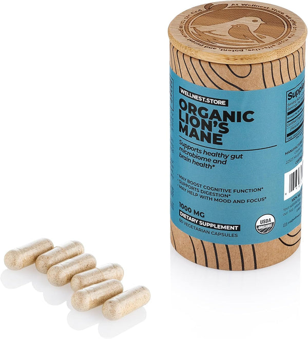 Lions Mane Mushroom Organic Supplement (Hericium Extract) 60 Veggie Caps for Immune Support and Cognitive Function