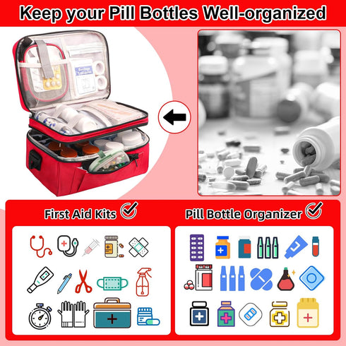 Tesuko Medicine Bag for Traveling with Portable Small Pouch, Double Layer Pill Bottle Organizer Storage Case
