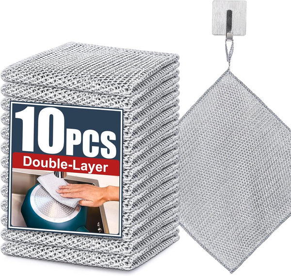 Navona 10 Pcs Steel Wire Dishcloth, Double-Layer Non-Scratch Cleaning Cloth for Cookware and Sinks