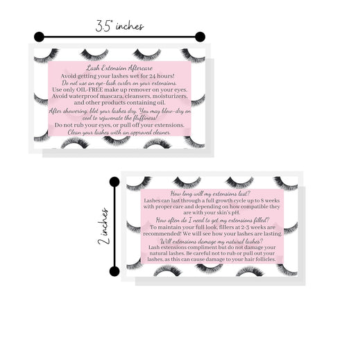 Lash Extension Aftercare Cards, 50 Pack, Eyelash Extension Supplies, Pink Design, Size 3.5 x 2" inches