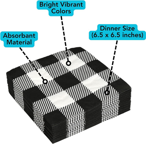 Iconikal 75-Count Black Gingham Disposable Paper Party Napkins - White Buffalo Plaid, Dinner Size