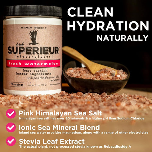 Superieur Electrolytes - Plant Based Supplement w/Sea Minerals for Hydration & Recovery - Watermelon (70 Servings)