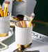 IEEK Glass Makeup Brush Holder Organizer - White and Gold Ceramic Cup for Brushes, Modern Striped Vase
