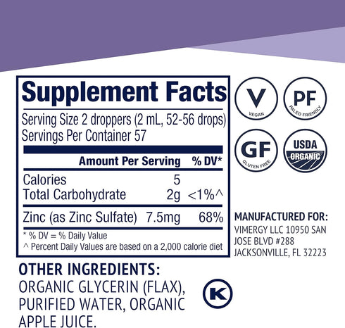 Vimergy Organic Liquid Zinc, 57 Servings, Alcohol Free Zinc Sulfate for Immune Health & Metabolism, 115 ml