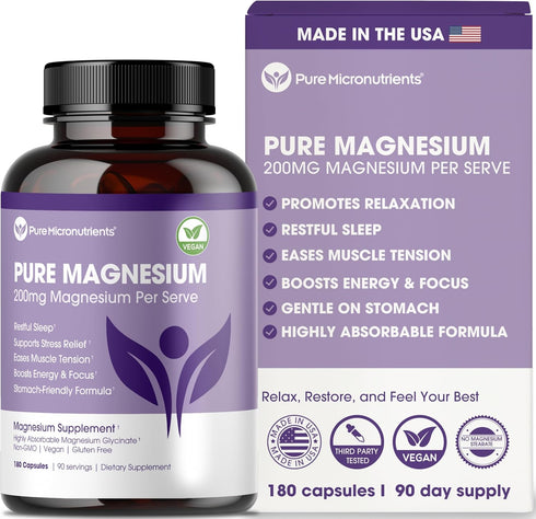 Pure Magnesium Glycinate Supplement – 200mg, 180 Capsules for Sleep, Muscle, Nerve & Bone Health