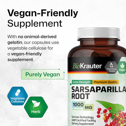 BIO KRAUTER Sarsaparilla Root Capsules, 1000 mg Strength, 250 Vegan Extract Caps, No Fillers