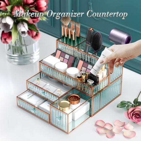 Makeup Organizer Cosmetic Organizer, Tempered Glass Vanity Organizer for Cosmetics, Hair Tools, Brushes, Perfume