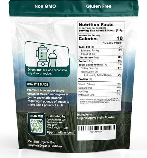 Opportuniteas Organic Inulin Powder - Prebiotic Fiber from Blue Agave for Digestion, Regularity & Gut Health - 6 oz