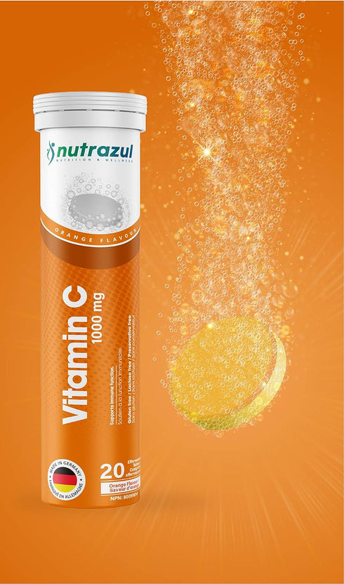 nutrazul Vitamin C 1000mg Effervescent Tablets - Orange 20’s (Pack of 3) | Gluten Free, Lactose Free, Sugar Free &