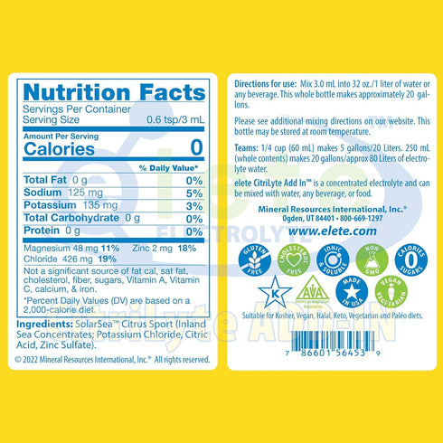 elete CitriLyte Electrolyte Add-in Hydration Drops, Sodium Magnesium Potassium, 18.6oz Refill Size