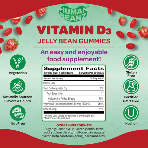 Vitamin D3 Jelly Bean Gummies for Adults, 2000 IU Vitamin D, Nutritional Vegetarian Supplements, 120 Strawberry Blast