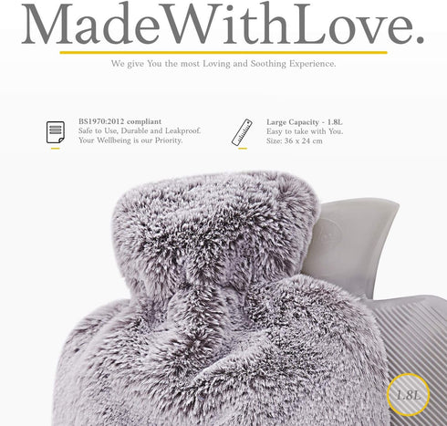 Hot Water Bottle with Soft Cover, 1.8L Large, Classic Hot Water Bag for Pain Relief, Light Grey