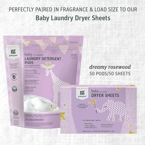 Grab Green Baby Laundry Detergent Pods, 50 Count, Dreamy Rosewood, Plant and Mineral Based for Baby Stains