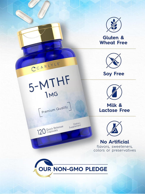 Carlyle 5-MTHF L Methylfolate 1mg | 120 Capsules | Premium Quality | Non-GMO, Gluten Free