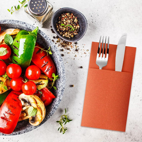 Dark Orange Napkins (50 Pack) - Disposable Linen-Feel Dinner Napkins with Built-in Flatware Pocket for Parties
