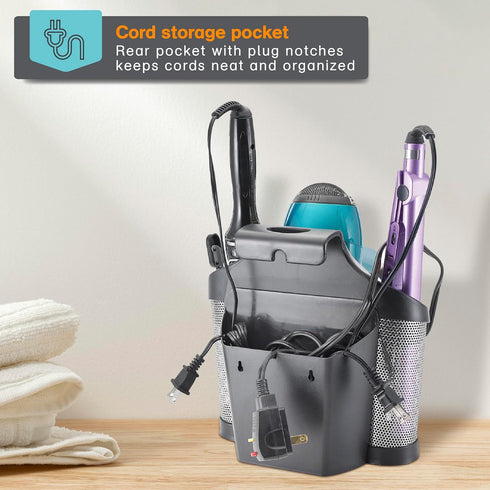 Polder Style Station for Hair Styling Tools, Black and Silver, Organizes Dryers, Irons, Brushes