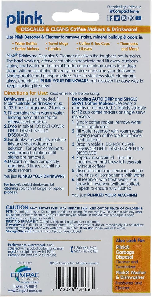 COMPAC HOME Plink Drinkware Descaler & Cleaner Tabs - Restores & Shines for Coffee Makers, Travel Mugs, 5 Count