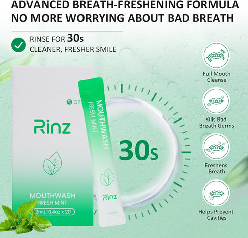 Rinz Packets 0.4 Oz (20 Pack) Travel Size Mouthwash - Fluoride/Alcohol Free - TSA Approved - Individual - Mini