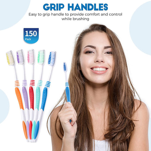 150 Pieces Individually Wrapped Toothbrushes, Manual Disposable Travel Toothbrush, Medium Soft Bristle, Multi Color