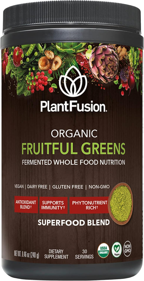 PlantFusion Fruitful Super Greens Powder, Fermented Juice Blend with Digestive Enzymes, Organic, Vegan, 8.46 oz, 30