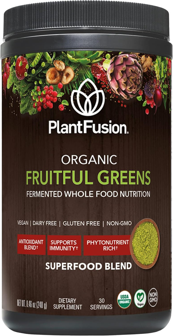 PlantFusion Fruitful Super Greens Powder, Fermented Juice Blend with Digestive Enzymes, Organic, Vegan, 8.46 oz, 30