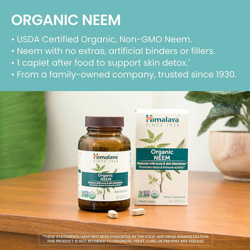 Himalaya Organic Neem Herbal Supplement - 600mg, 60 Plant Based Caplets, Mild Acne & Clear Skin, 2 Pack