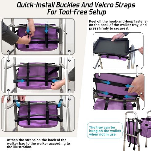 Vizava Upgrade Walker Basket with Tray, Detachable Walker Tray for Folding Walkers, Storage Bag with Cup & Cane Holder