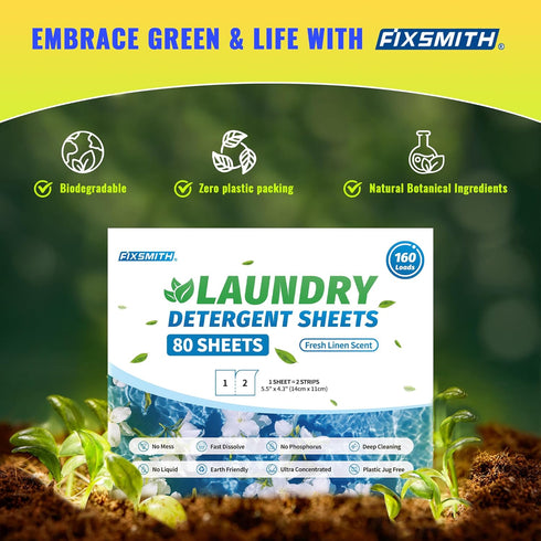 FIXSMITH Laundry Detergent Sheets, 160 Loads (80 Sheets), Fresh Linen Scent, Eco-Friendly, Ultra-Concentrated
