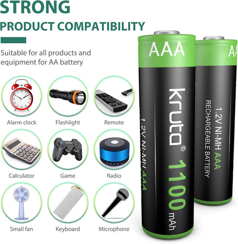 Kruta AAA 1100mAh High Capacity 1.2V Ni-MH Rechargeable Solar Lights Battery (Pack of 12)