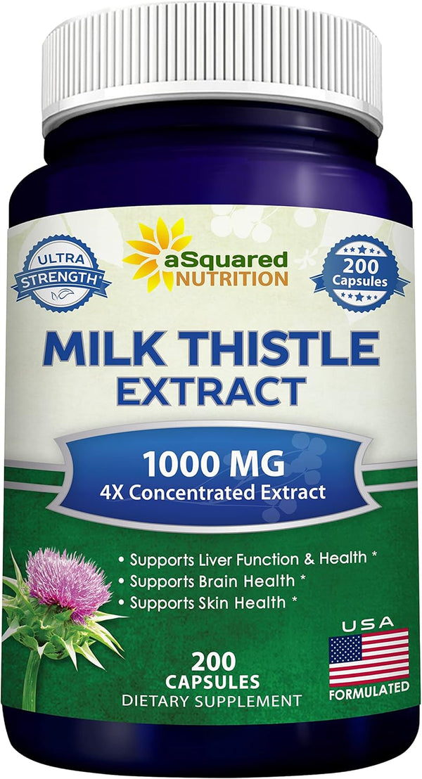 aSquared Nutrition 1000mg Milk Thistle Supplement - 200 Capsules, Max Strength 4X Concentrated Extract