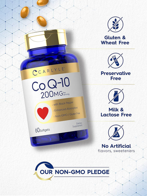 Carlyle CoQ10 200mg Softgels, 60 Count, Enhanced Absorption, Non-GMO, Gluten Free