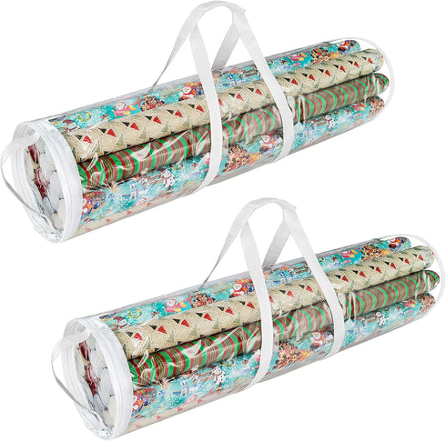 Wrapping Paper Storage - Set of 2 Organizers for 50 Rolls of Gift Wrap - Clear Totes with Handles for Holiday or Any