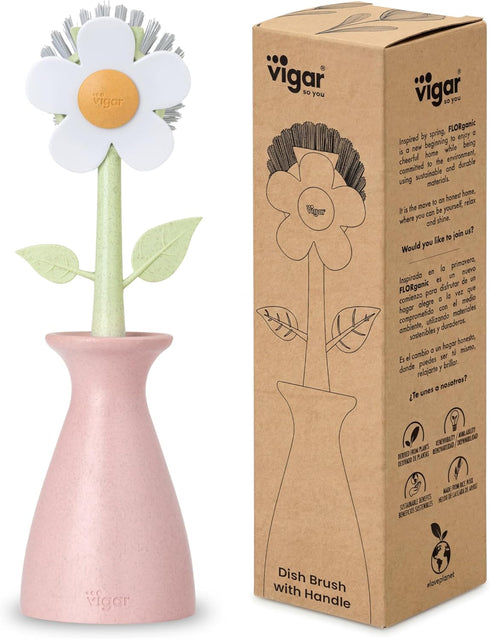 Vigar Florganic Daisy-Shaped Dish Brush with Vase Dish Brush Holder, Dish Brush