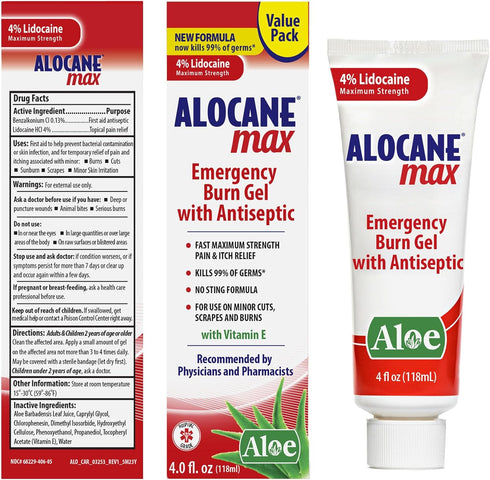 Alocane Max Emergency Burn Gel - 4% Lidocaine Hydrochloride, Maximum Strength Relief for Sunburns, 4 Fl Oz