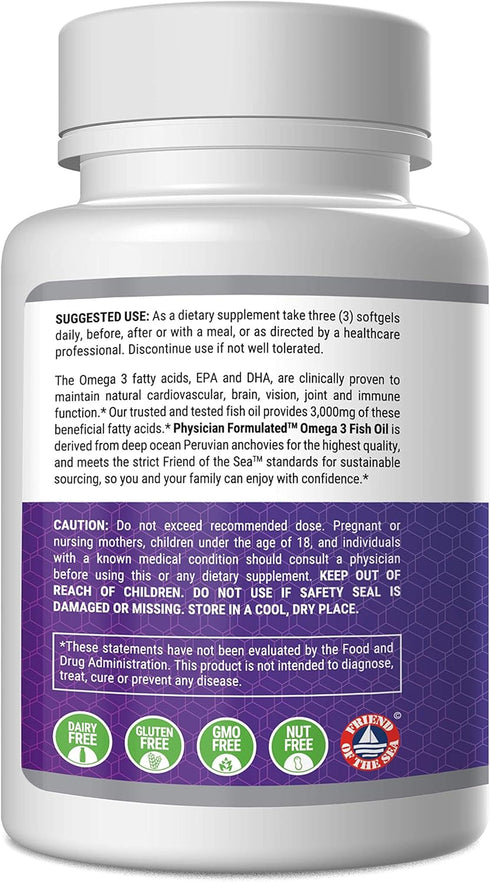 Fish Oil Omega 3 3000mg per Serving - 915mg EPA, 630mg DHA, 2000mg Total Omega 3, 180 Capsules