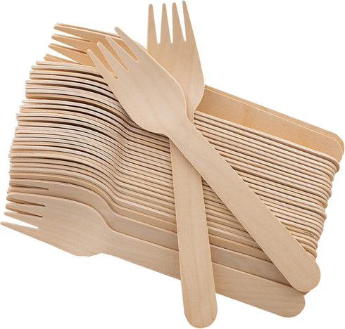Disposable Wooden Forks - Pack of 100, 6.5" Length - Biodegradable Natural Utensils for Parties, Camping, Weddings