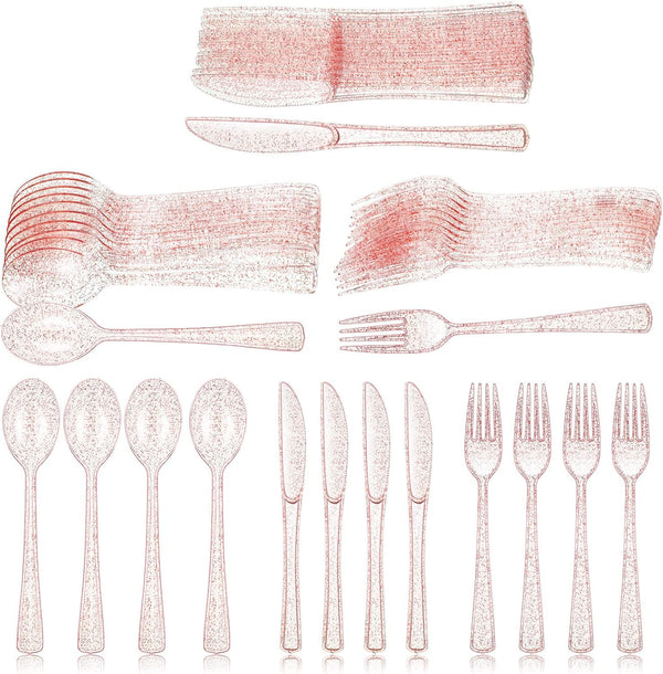 150 Pcs Pink Plastic Silverware Set, Disposable Plastic Flatware, Includes 50 Forks, 50 Spoons, 50 Knives for Birthday