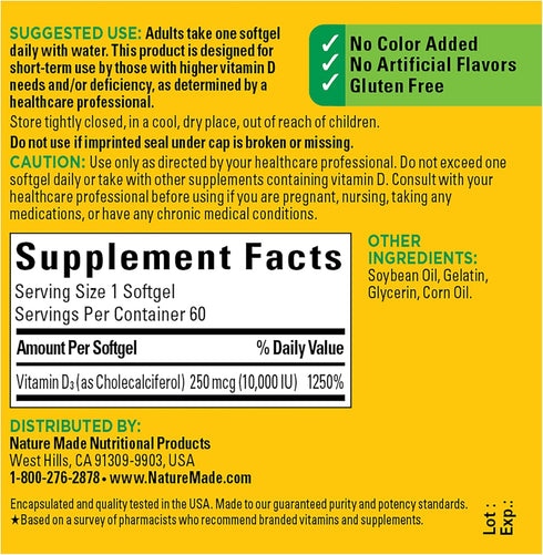 Nature Made Maximum Strength Vitamin D3 10000 IU, 60 Softgels - Dietary Supplement for Bone and Immune Health