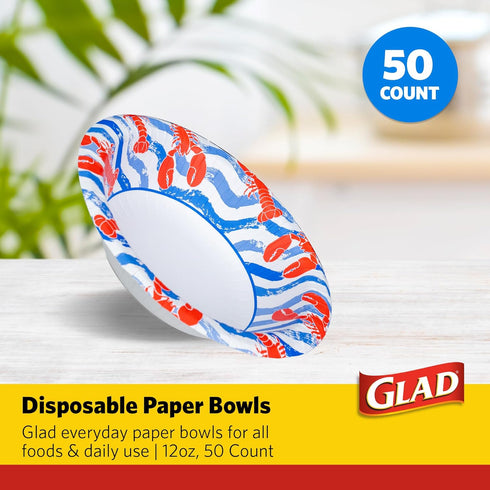 Glad Everyday Round Disposable Paper Bowls with Lobster Waves Design,| Cut-Resistant, Microwavable Paper Plates for All Foods & Daily Use | 12oz, 50 Count
