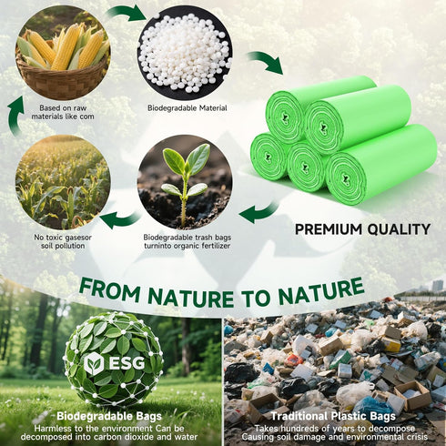 heihaily 6 100 Count Biodegradable Gallon Trash Bags - Compostable Unscented Green Medium Garbage Bag Leakproof & Tear