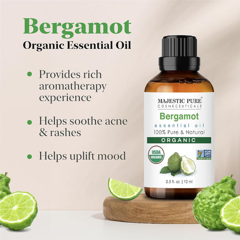Majestic Pure USDA Organic Bergamot Essential Oil for Diffuser, 100% Organic for Skin and Aromatherapy