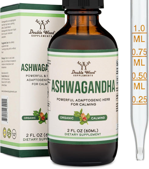 Double Wood Ashwagandha Organic Drops for Stress Relief (1,200mg, 60 Servings) - Adrenal Support, Cortisol Manager