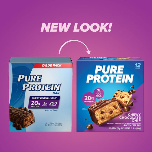 Pure Protein Bars, High Protein, Low Sugar, Gluten Free, Chewy Chocolate Chip, 1.76oz (Pack of 12)