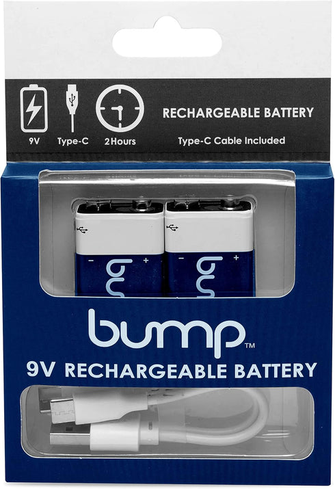 bump 9 Volt Rechargeable Batteries - 2 Pack - Lithium Ion, High Output, Fast & Long Lasting USB Charge, Use w/Smoke Alarms/Detectors, Transistor Radios, Electronic Toys, Charger Cable Included…