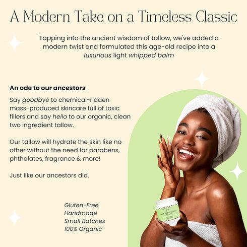 Organic Whipped Beef Tallow + Rosehip Oil for Face & Body Moisturizer Cream - Unscented, Fragrance-Free 4 Fl Oz
