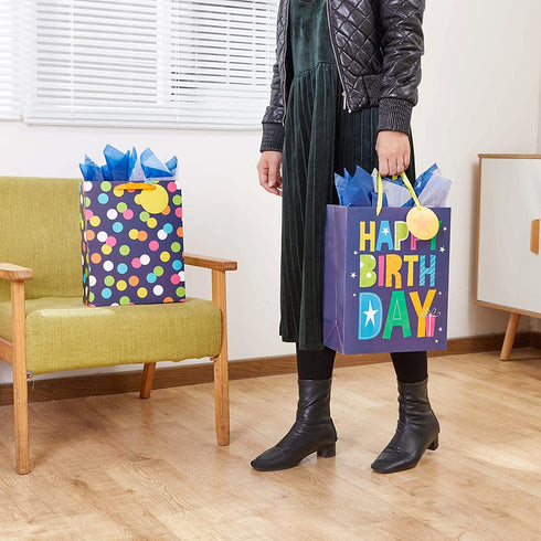SUNCOLOR 2 Pack 13" Large Gift Bag with Tissue Paper for Him, Happy Birthday