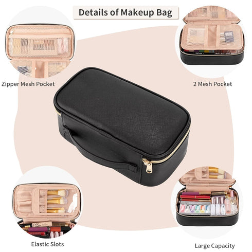 OCHEAL Small Black Cosmetic Bag, Portable Cute Travel Makeup Pouch for Women & Girls, Makeup Brush Organizer