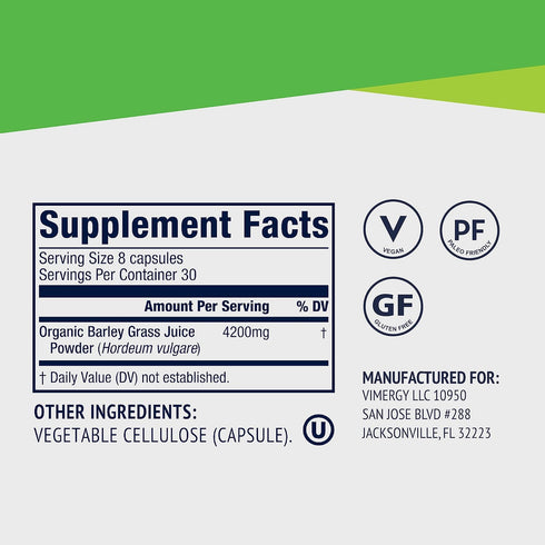 Vimergy Barley Grass Capsules, 30 Servings, Antioxidant Source with Iron, Vitamin C, & Vitamin E, Vegan & Paleo